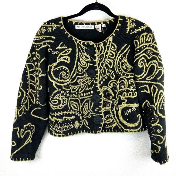 VTG Michael Simon Black Gold Regencycore Beaded Embroidered Cardigan Sweater  S - Picture 1 of 10